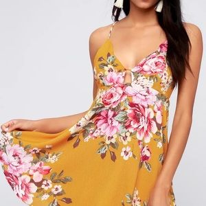 Lulus- Lily Pond Mustard Yellow Floral Print Swing Dress